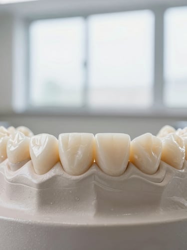 Macro close-up of a high-precision metal-free zirconia dental bridge model, resting on a clean textured surface, soft side lighting from a window, neutral tones, clinical elegance.