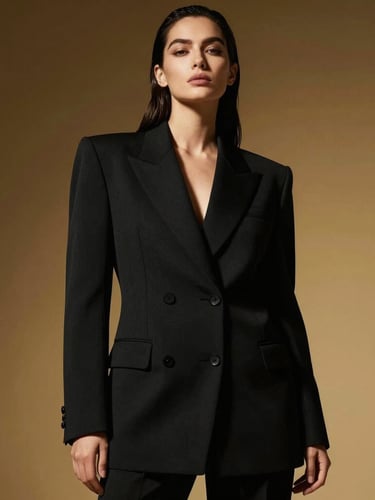High-fashion editorial portrait of a powerful woman in a structured black blazer, dramatic studio lighting with gold highlights, sharp focus, low angle projecting authority
