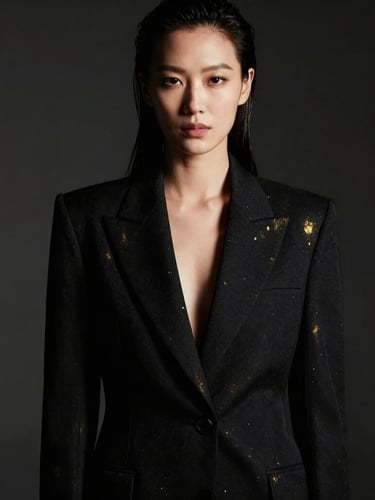 High-fashion editorial portrait of an authoritative woman in a structured black blazer, dramatic chiaroscuro lighting with subtle gold reflections, looking directly at the camera, dark studio background, medium format