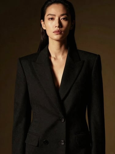 High-fashion editorial portrait of an authoritative woman in a structured black blazer, dramatic chiaroscuro lighting, dark gold highlights, studio setting