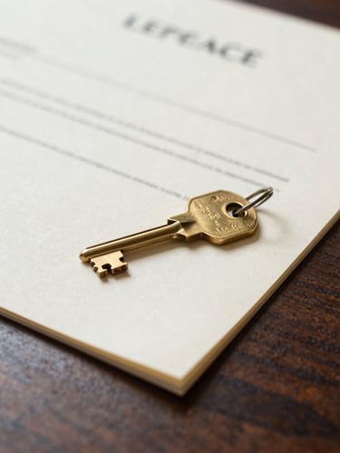 Close-up editorial photograph of brass keys resting on a clean cream-colored lease document on a dark wooden desk, soft natural daylight, sharp focus on the keys
