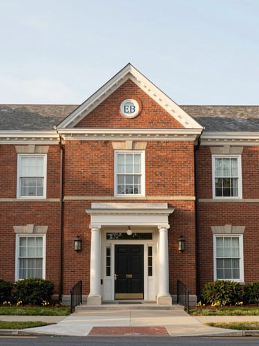 Straight-on architectural shot of a brick faculty residence, soft morning sun, EB Garamond collegiate feel