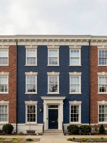 Straight-on architectural shot of a brick university-adjacent townhome under soft overcast morning daylight, clean lines, editorial framing.