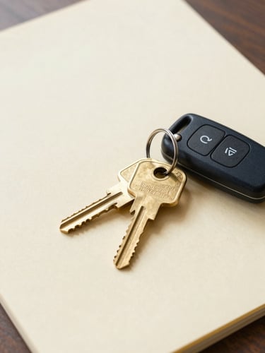 Close-up of brass house keys and a modern car key resting on a clean, warm cream document folder, soft natural light
