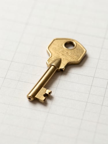 Close-up of brass keys resting on a clean, heavy-stock paper document with structured grid lines, soft natural daylight.