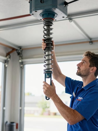 Professional garage door technician in WestEnd uniform inspecting a torsion spring assembly, bright garage interior lighting, focus on hands and tools, sharp documentary photography.