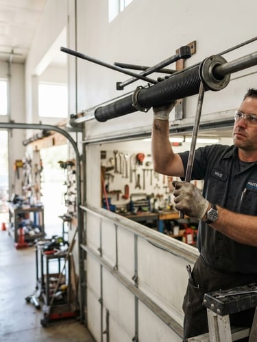 Technician calibrating a torsion spring on a garage door, bright workshop lighting, focus on hands and tool, industrial utility aesthetic, wide panoramic 21:9 frame with the technician to the right third.