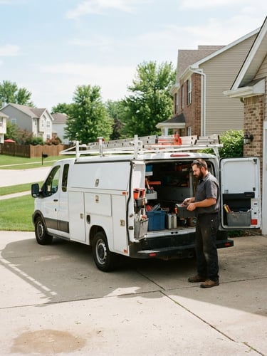 WestEnd Garage Door Repairs service truck parked in a Congerville, Illinois residential driveway, technician standing beside it, bright natural daylight, clean industrial tones.