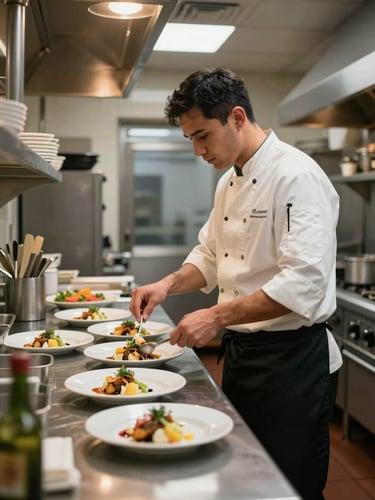 Portrait-orientation shot of a neighborhood restaurant kitchen mid-service—a single cook plating a dish at the pass, ambient kitchen light, environment wide enough to show the room's scale