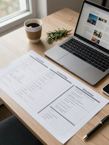 Close overhead shot of an agency planning table — a printed content grid, handwritten notes, and a laptop open to a social media draft, natural window light from the left, a coffee cup and a small bunch of rosemary resting at the corner of the table