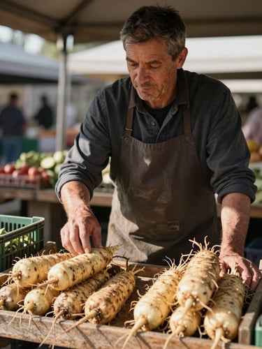 Portrait-oriented shot of a farmer at his market stall mid-morning, hands resting on a crate of root vegetables, looking down at his produce, outdoor market light, candid and unposed, visible texture of the wooden stall surface