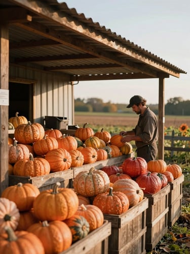 Wide environmental shot of a small farm stand in autumn, orange and red squash varieties stacked in wooden bins under a corrugated metal roof, a single farmer counting inventory by hand, warm late-afternoon side light, background field visible and slightly out of focus