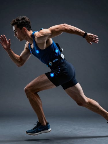 Dynamic macro shot of a professional athlete sprinting with biometric telemetry sensors attached, dramatic athletic lighting with cool blue highlights, high contrast, 35mm lens.