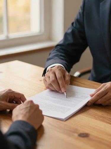 Hands of a mature client and a professional advisor reviewing a paper document on a wooden table, soft golden hour window light, 35mm
