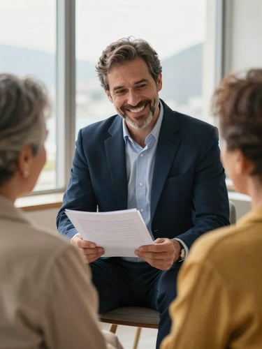 Professional financial advisor in Rio de Janeiro, smiling warmly, reviewing a document with an older couple, natural window light, deep navy and gold tones, 35mm
