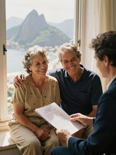 A warm editorial portrait of a smiling retired Brazilian couple sitting by a sunlit window in Rio de Janeiro, reviewing a document with a professional advisor, 35mm photography, soft gold tones.