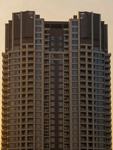 Symmetrical architectural photograph of a soaring modern luxury residential tower in Bangalore against a golden hour sky, sharp focus, editorial style