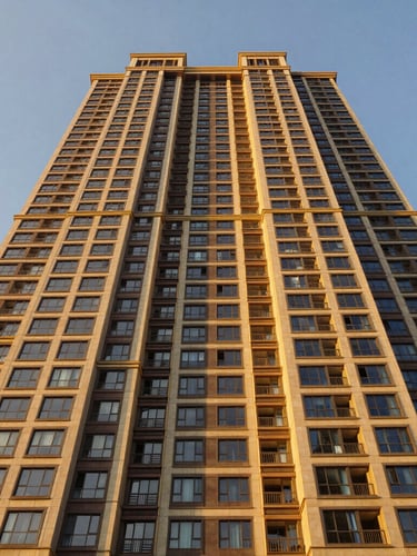 Symmetrical architectural wide-angle photo of a modern luxury residential skyscraper in Bangalore under warm golden hour light