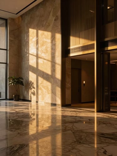Intimate architectural photography of high-end apartment lobby, golden hour light reflecting on polished marble flooring, minimalist luxury aesthetic.