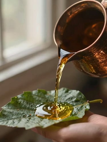 A high-angle close-up of warm herbal oil pouring from a traditional copper vessel onto a leaf, soft window light, shallow depth of field, 35mm.