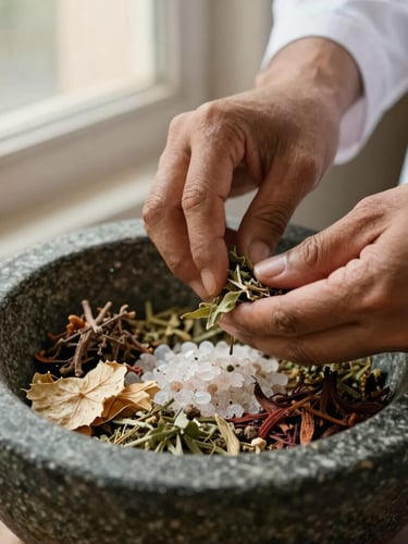 A close-up of a physician's hands preparing raw Ayurvedic herbs and rock salts in a stone mortar, warm morning light filtering through a window, 35mm.