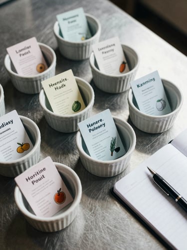 Close-up overhead of a prep kitchen surface — small ceramic ramekins each holding a different dietary label card beside a lined notebook and a pen, cool north-facing daylight, precise and organised, no people visible