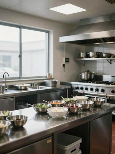 Wide shot of a commercial prep kitchen from the side — stainless counters, organized mise en place bowls, cool north-facing window light, empty of people, geometric and precise