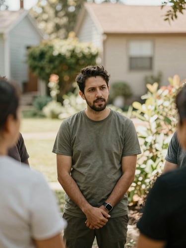 A candid medium shot of community organizers talking in a sunlit neighborhood garden, soft warm light, shallow depth of field