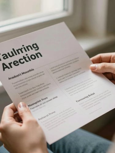 A close-up of hands holding a printed advocacy pamphlet with clean typography, soft morning light filtering through a window