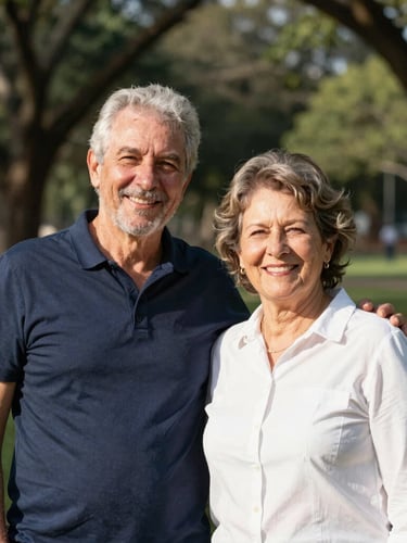 Warm portrait of an active senior couple smiling in a sunlit park in Cuiabá, natural morning light, professional editorial photography