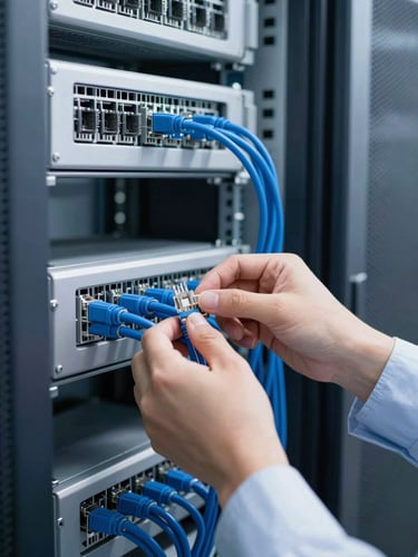 Close-up of a professional technician neatly organizing blue network cables in a clean server rack, cool bright technical lighting, 35mm