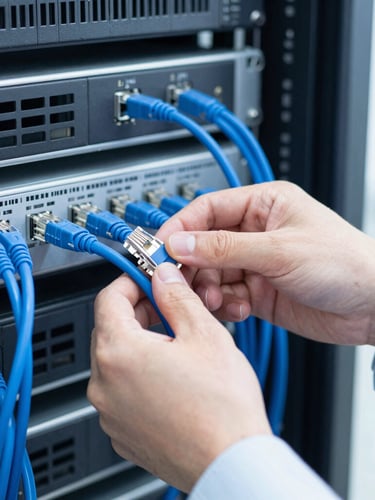 Close-up of a professional IT technician neatly organizing blue ethernet cables in a server rack, bright cool-toned lighting, sharp focus, 35mm