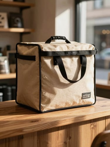 A close-up shot of a classic canvas delivery bag sitting on a warm, textured wooden counter inside the Lawrence Street shop, illuminated by soft golden hour sunbeams coming through the window.
