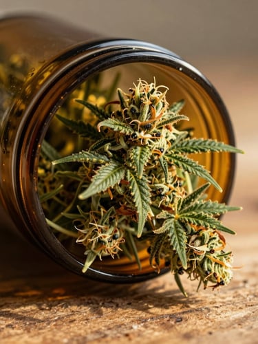 Macro close-up of premium green cannabis flower inside an amber glass jar, resting on a rustic oak counter under warm, golden hour sunlight.