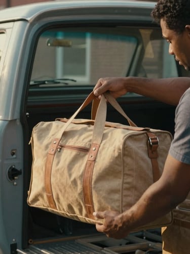 A medium-close documentary-style shot of a delivery driver loading a classic canvas bag into a vintage truck parked on a quiet Northeast DC street, warm incandescent glow, soft shadows.
