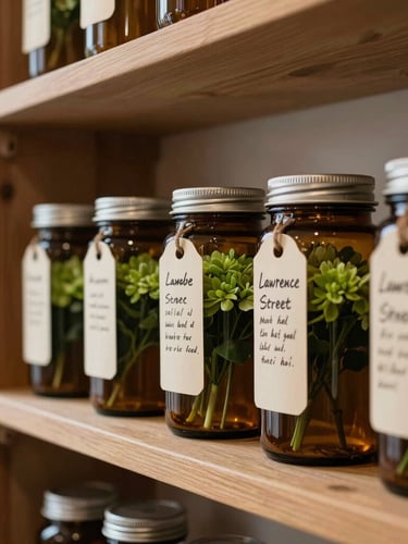 Close-up documentary shot of textured wooden shelves inside the Lawrence Street shop, amber glass jars filled with green flower, hand-written price tags on thick cream paper, soft daylight streaming from a side window.