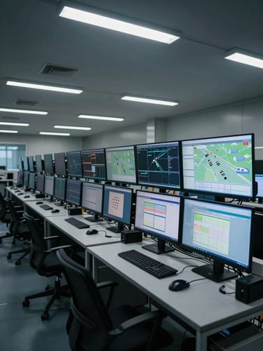 Wide environmental shot of a logistics operations center at shift-change, multiple monitors showing fleet mapping and data grids, cool overhead fluorescent lighting, empty operator chairs, no people, dark room with glowing screens