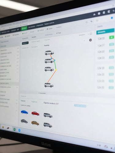 Extreme close-up of a logistics tracking dashboard screen showing live fleet positions, route data, and status indicators under cool white studio lighting — screen fills the frame, no faces, data in motion