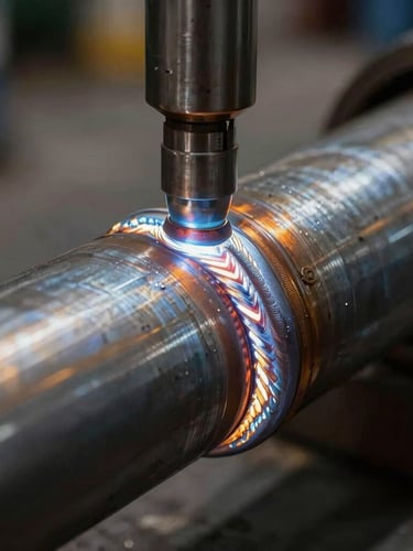 Extreme close-up of a high-spec industrial steel pipe weld, dramatic high-contrast natural light, sharp technical detail