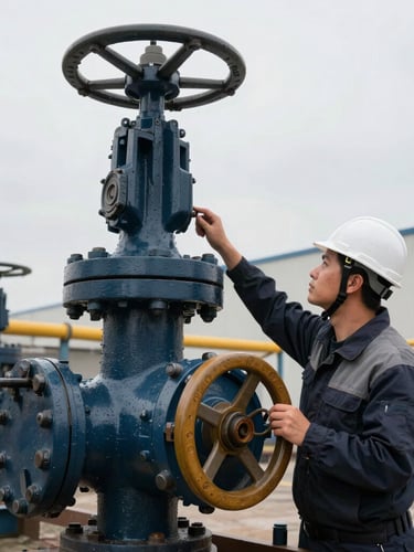 A technical engineer in a hardhat inspecting a massive industrial valve assembly in an overcast industrial yard, sharp focus, 35mm