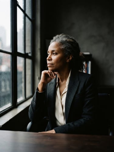 A thoughtful, unposed portrait of a diverse leader in a quiet moment of reflection, high-contrast natural window light, deep shadows, rich cream and charcoal tones, 35mm lens.