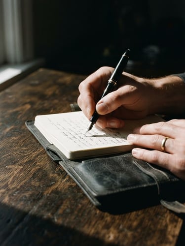 Close-up of hands writing in a structured leather journal on a dark oak desk, sharp high-contrast window light, deep shadows, rich cream and charcoal tones, 35mm lens.