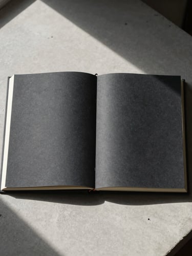 A clean flat-lay of a charcoal-colored open journal on a concrete desk, high-contrast natural light casting long sharp shadows, minimalist editorial photography, 35mm lens.