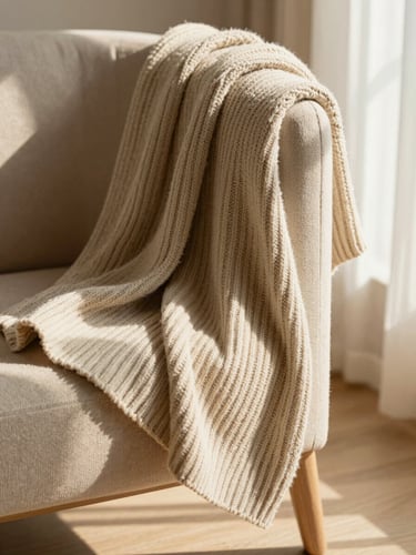 Warm editorial photography of a ribbed knit throw draped over an oatmeal-colored chair, soft afternoon window light casting long shadows, rich tactile texture, shallow depth of field.