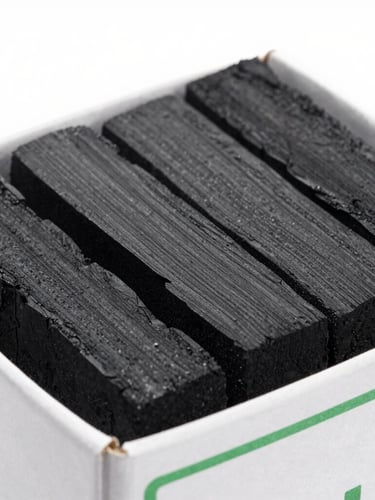 Macro close-up of charcoal briquettes stacked perfectly inside a heavy-duty branded cardboard box, crisp studio lighting, green accent line visible on packaging
