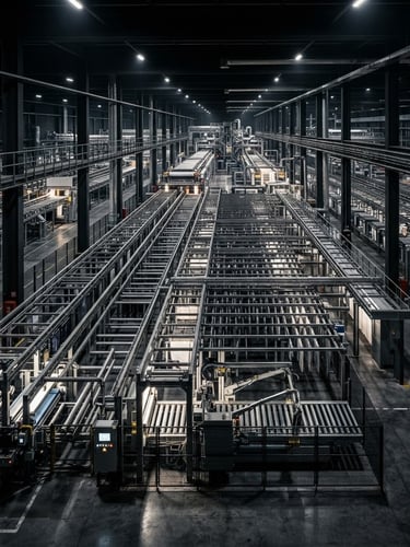 Wide architectural shot of automated factory drying lines under crisp high-contrast industrial lighting, deep charcoal tones, emphasizing massive scale and precision.