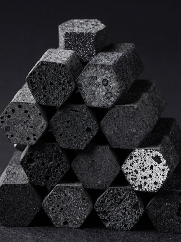 Macro shot of precise hexagonal charcoal briquettes stacked perfectly, stark studio lighting highlighting the lack of dust and sharp edges against a deep black background.