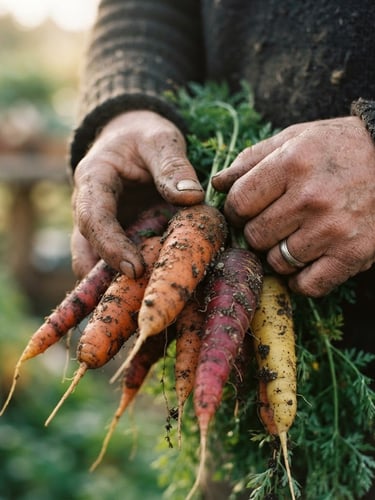 A close-up of a farmer's weathered hands holding heirloom carrots dusted with fresh soil, soft Scandinavian morning light from the side, shallow depth of field, 35mm