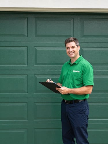 A GreenLine Garage Door's Repairs Team technician in a clean uniform, smiling while handing a clipboard to a homeowner in front of a residential garage door, clean green and charcoal tones, bright natural daylight, sharp focus, 35mm.