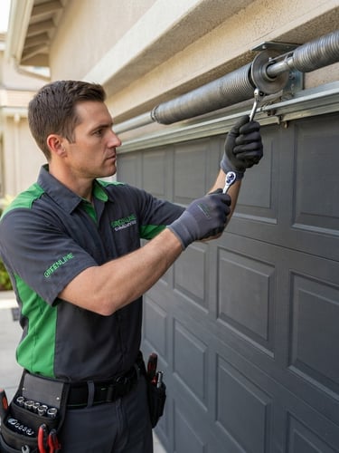 A GreenLine Garage Door's Repairs Team technician in a clean uniform, focused on inspecting a garage door's torsion spring, hands gloved, tools visible, bright natural daylight, clean green and charcoal tones, sharp focus, 35mm.